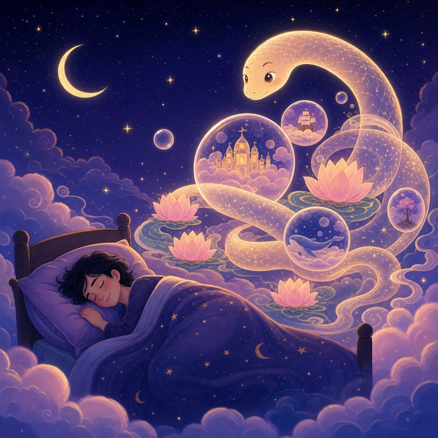 Dreaming about snakes — cartoon illustration of a person sleeping with a snake in their dream